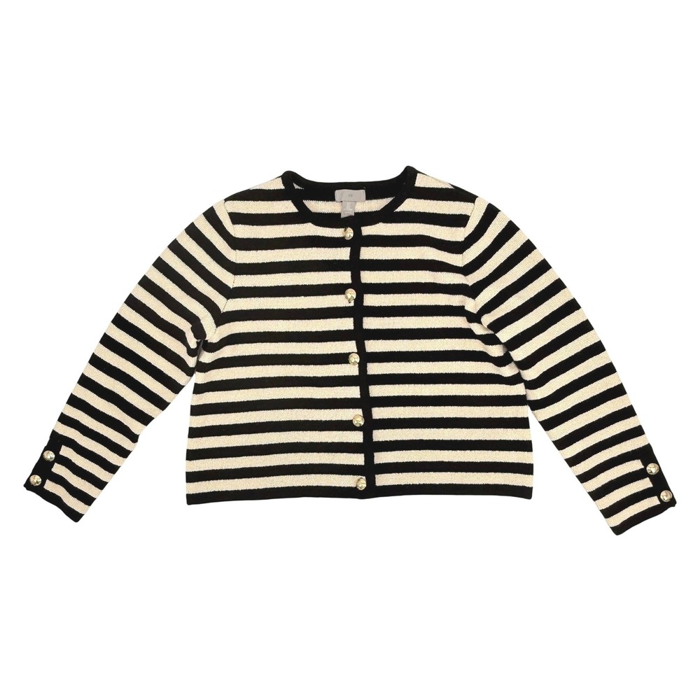 H&M Striped Cardigan Sweater Womens Large Black Cream Gold Button Excellent Trim